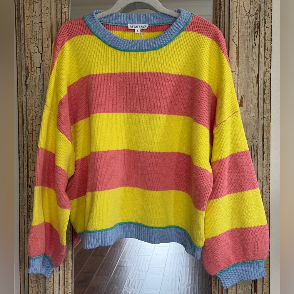 AEMI + CO Yellow and Coral Striped Knit Sweater with Blue Trim